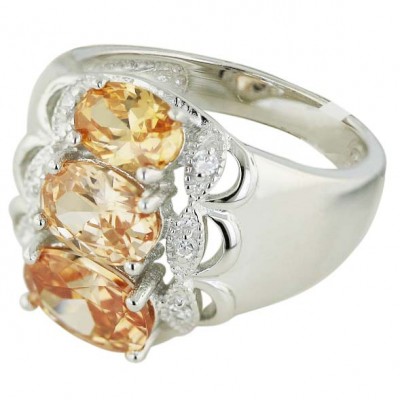 Sterling Silver Ring 3 Champagne Cubic Zirconia Round with Wavy Cubic Zirconia Sides--E-coated/Nickle Free--
