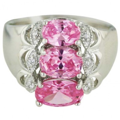 Sterling Silver Ring Pink Cubic Zirconia Round with Wavy Clear Cubic Zirconia Sides--Rhodium Plating/Nickle Free--