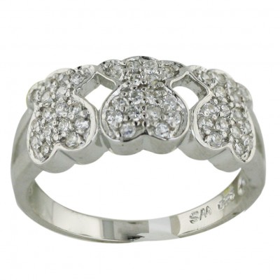 Sterling Silver Ring Clear Cubic Zirconia Triple Teddy Bear--Rhodium Plating/Nickle Free--