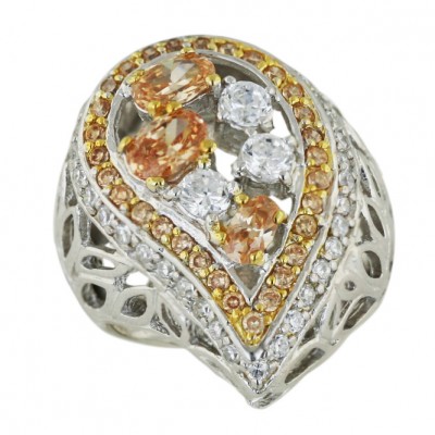 Sterling Silver Ring 26X18mm 2 Tone Gold Champagne Cubic Zirconia Tear Drop with Cl+Champagne C