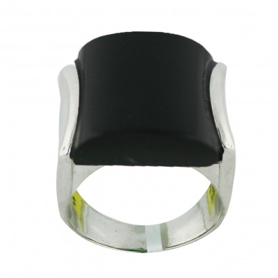 Sterling Silver Ring 18X18mm Onyx Square with Plain Side Bars