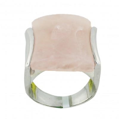 Sterling Silver Ring 18X16mm Rosequartz Square with Plain Side Bars