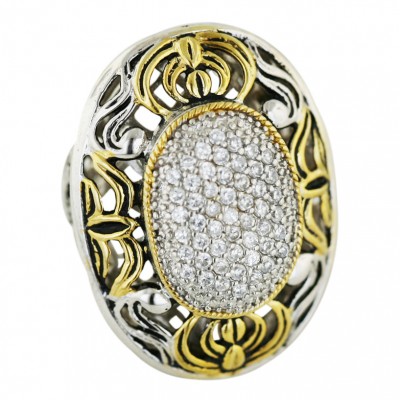 Sterling Silver Ring 33X25mm 2 Tone Gold Clear Cubic Zirconia Oval with Plain Swi