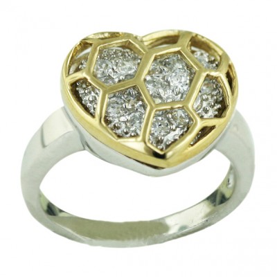 Sterling Silver Ring 16mm 2 Tone Gold Clear Cubic Zirconia Heart with Plain Open