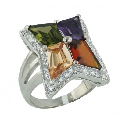 Sterling Silver Ring 4 Garnet +Champagne+Olivine+Amethyst Cubic Zirconia Irregular with Clear Cubic Zirconia Around