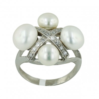 Sterling Silver Ring 2 8mm+7mm White Fresh Water Pearl with Clear Cubic Zirconia "X" Ctr
