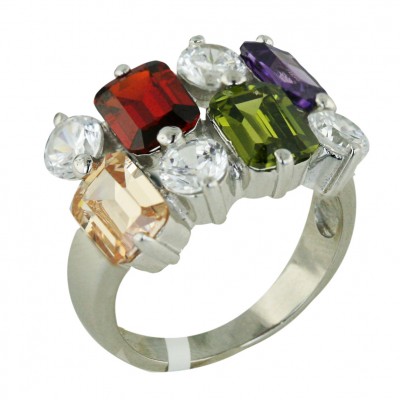 Sterling Silver Ring Amethyst+Olivine+Garnet +Champagne Cubic Zirconia Round Maze