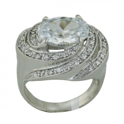 Sterling Silver Ring 12X8mm Clear Cubic Zirconia Oval with Clear Cubic Zirconia Layers Around--