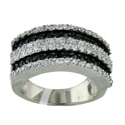 Sterling Silver Ring Black+Clear Cubic Zirconia Vertical Lines
