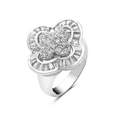 Sterling Silver Ring Clear Cubic Zirconia Baguette Flower