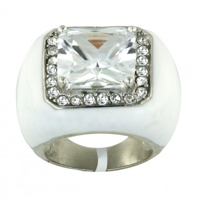 Sterling Silver Ring 13X13mm Clear Cubic Zirconia Cushion with White Enamel