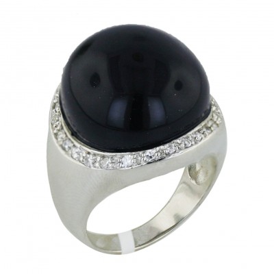 Sterling Silver Ring 21X21mm Onyx Round Cabochon with Clear Cubic Zirconia Around