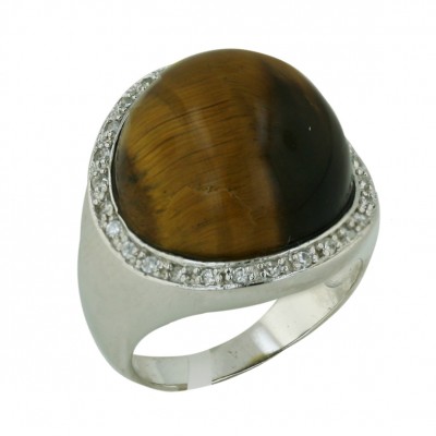 Sterling Silver Ring 21X21mm Tiger Eye Round Cabochon with Clear Cubic Zirconia A