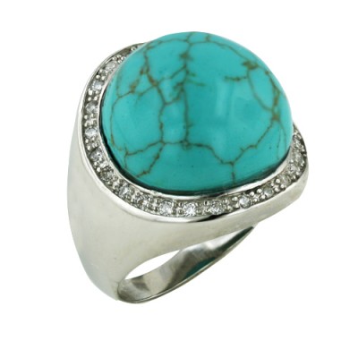 Sterling Silver Ring 21X21mm Faux Turquoise Round Cabochon with
