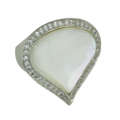 Sterling Silver Ring 28X28mm White Mother of Pearl Tear Drop with Clear Cubic Zirconia Around
