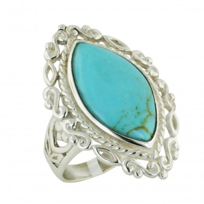 Sterling Silver Ring 33X20mm Reconstruct Turquoise Marquis with Plain Sil