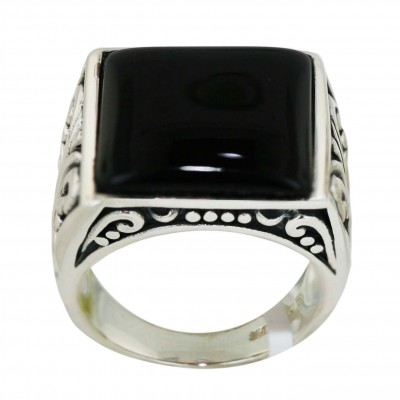 Sterling Silver Ring 18X18mm Onyx Square Bezel Set with Oxidized Fil