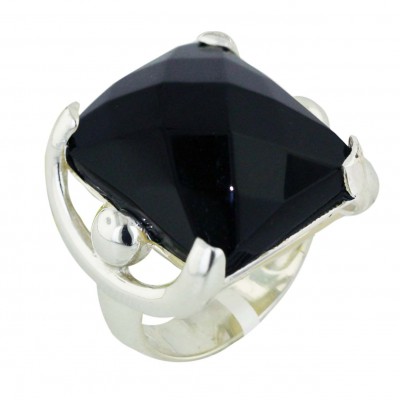 Sterling Silver Ring 20X18mm Onyx Cushion Chess Cut with Plain Sid