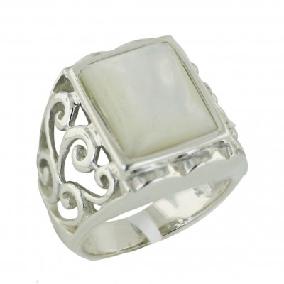 Sterling Silver Ring 18.5X13.5mm White Mother of Pearl Square Bezel Set with Plai