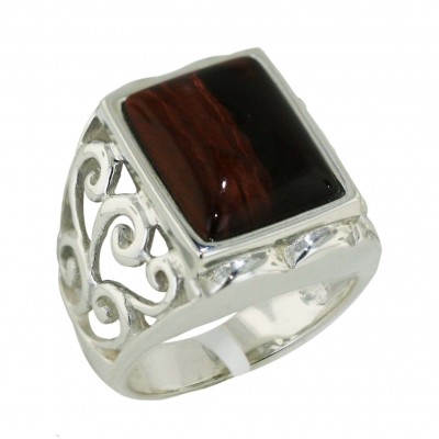 Sterling Silver Ring 18.5X13.5mm Red Tiger Eye Square Bezel Set with