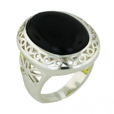 Sterling Silver Ring 28X23mm Onyx Oval with Plain Swirl Around