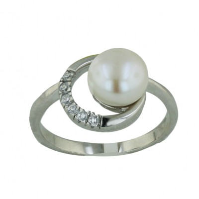 Sterling Silver Ring 9mm White Fresh Water Pearl with Open 1/2 Clear Cubic Zirconia Round