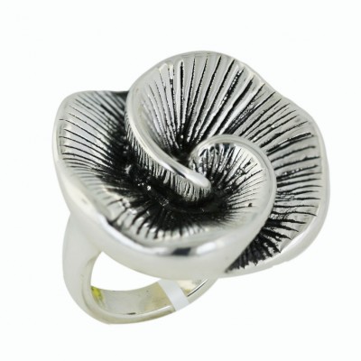 Sterling Silver Ring 33mm Plain Swirl Flower with Oxidized Line Text - 8