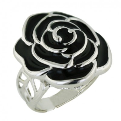 Sterling Silver Ring Black Enamel+Silver Line Roses