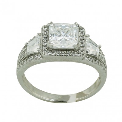 Sterling Silver Ring Micropave Tri-Stone 7mm Square Clear Cubic Zirconia+Both Si