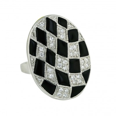 Sterling Silver Ring 33X25mm Onyx+Clear Cubic Zirconia Rhombus Pattern Oval