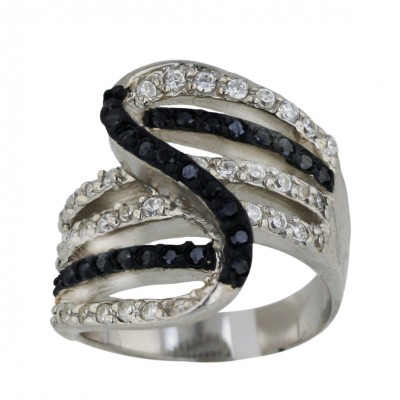 Sterling Silver Ring Bk+Clear Cubic Zirconia Open Zig Zag--Bkrh/Nickle Free--