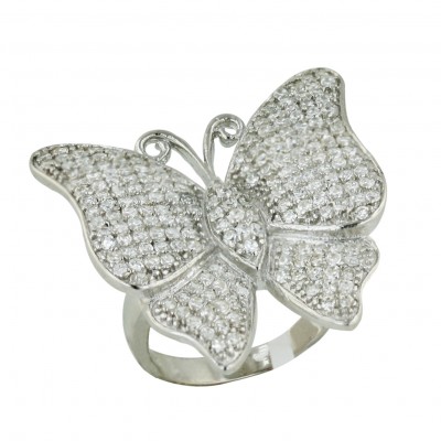 Sterling Silver Ring Clear Cubic Zirconia Butterfly--Rhodium Plating/Nickle Free--