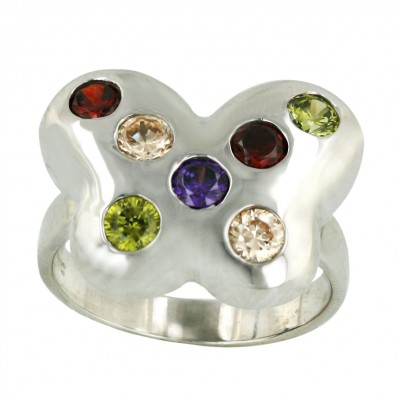 Sterling Silver Ring 7 Pc Gn_Ch+Olivine+Amethyst Cubic Zirconia on Butterfly
