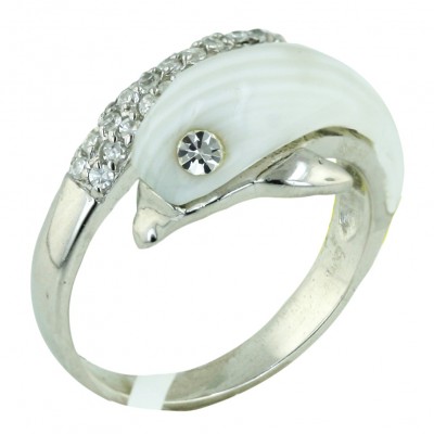 Sterling Silver Ring White Mother of Pearl+Clear Cubic Zirconia Dolphin with Clear Cubic Zirconia Eyes