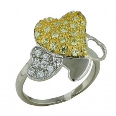 Sterling Silver Ring Citrine Cubic Zirconia Gold Tone+Clear Cubic Zirconia+Open Silver Heart