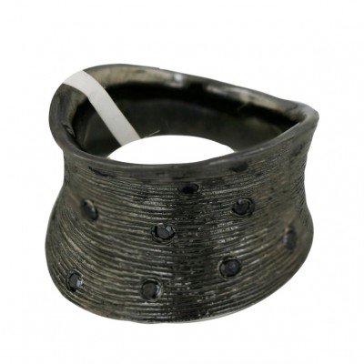 Sterling Silver Ring Black Plating Lines Texture Concave with 15P