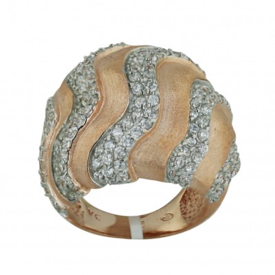 Sterling Silver Ring Rosegold Plating Satin Finish+Clear Cubic Zirconia Wav