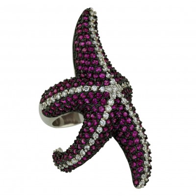 Sterling Silver Ring Ruby Cubic Zirconia (Black Plate) +Clear Cubic Zirconia Lines Big Starfi