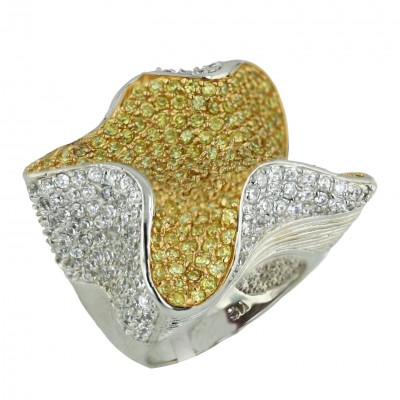 Sterling Silver Ring Pave Yellow (Gold Plate) +Clear Cubic Zirconia Wavy