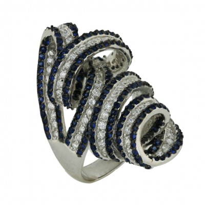 Sterling Silver Ring Sapphire (Black Plating) +Clear Cubic Zirconia Spiral