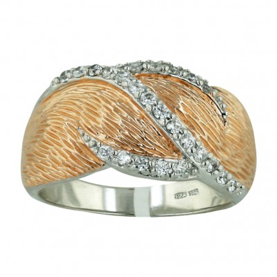 Sterling Silver Ring 2 Tone Rosegold Line Texture with Clear Cubic Zirconia Bypas