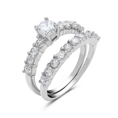 STERLING SILVER RING 5MM CLEAR CUBIC ZIRCONIA SOLITARIE W/CL CUBIC ZIRCONIA AROUND 2 PC