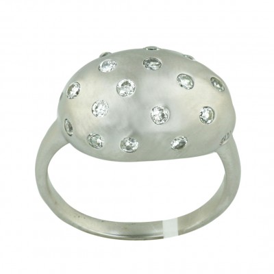 Sterling Silver Ring Rhodium Matte Finishing Puff with Clear Cubic Zirconia