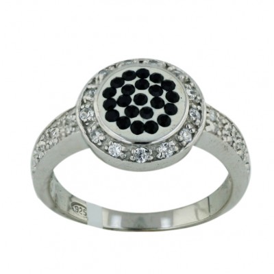 Sterling Silver Ring 12X12mm #2 Black Jk Cyrstal Round with Clear Cubic Zirconia Aro