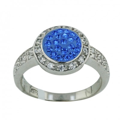 Sterling Silver Ring 12X12mm Sapphire Jk Cyrstal Round with Clear Cubic Zirconia