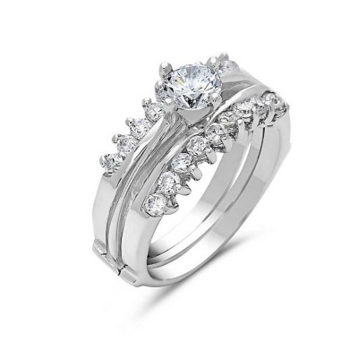 Sterling Silver Ring 3 Pcs 5mm Clear Cubic Zirconia Solitaire with 2 Clear Cubic Zirconia Ctr Ro