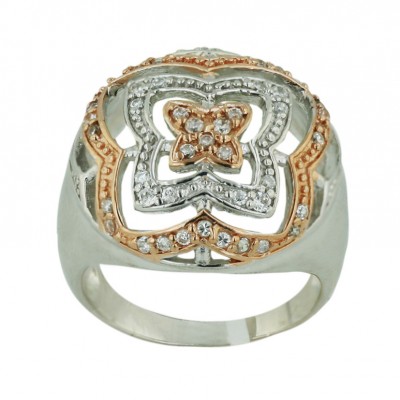Sterling Silver Ring 4 Layer All Rosegold Plate/Silver+Clear Cubic Zirconia Bu