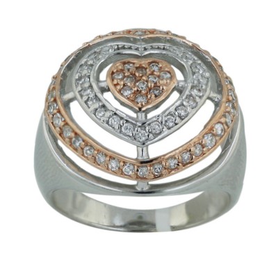 Sterling Silver Ring 19X19mm 3 Layer Rosegold Plate+Clear Cubic Zirconia Open
