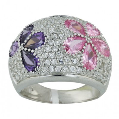 Sterling Silver Ring Pave Clear Cubic Zirconia with Ame,Pink Cubic Zirconia Flower