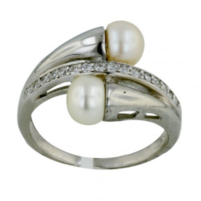 Sterling Silver Ring Clear Cubic Zirconia String with Oppositive 6mm White Fresh Water Pearl